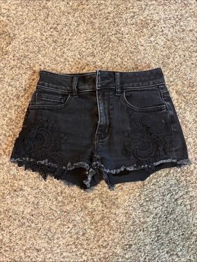 American Eagle Outfitters Black Lace-Appliqué Denim Shorts